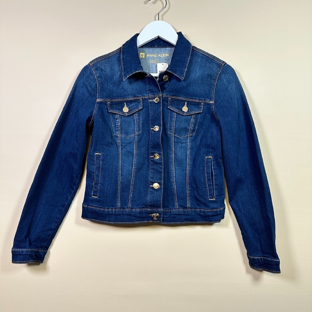 Anne Klein Denim Jacket Stretch Dark Wash Gold Button‎ Petite M